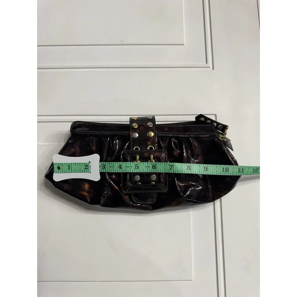 BE & D Patent Tortoise Shell Leather Fold Over Clutch Handbag Gold Buckle